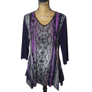 Nygard Womens Tunic Petite M Purple Snakeskin Print 3/4 Slv Sharkbite Hem Chic